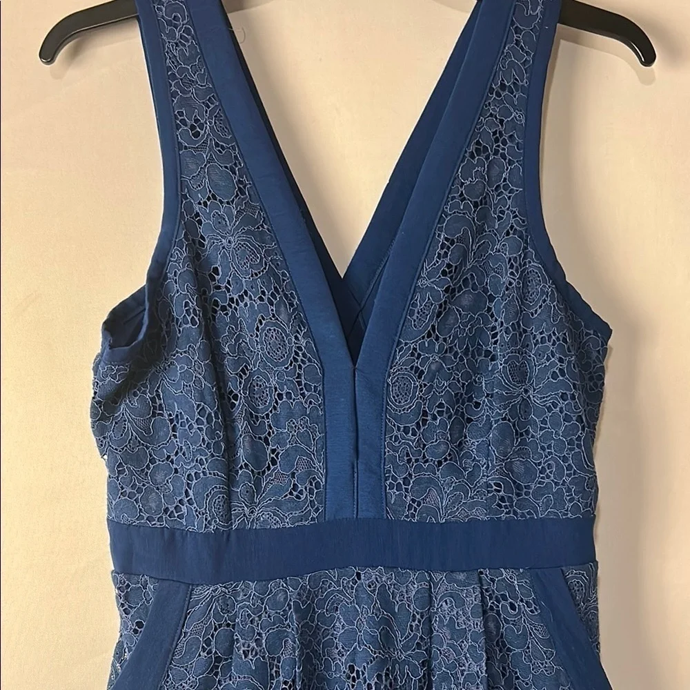 FREE PEOPLE Lovely In Lace Black Mini Dress Blue Pockets Zip Size Small Petite